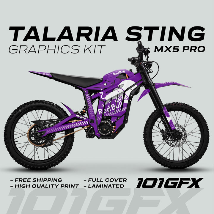 Talaria Sting MX5 PRO Graphics Kit RBULL MONO, featuring a full-cover laminated wrap with a purple-and-white Red Bull theme for electric dirt bikes.