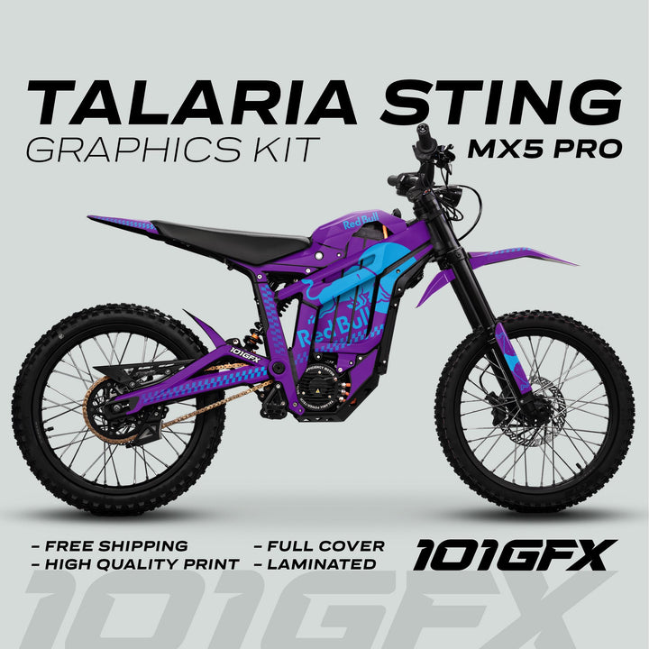 Talaria Sting MX5 PRO Graphics Kit RBULL MONO with Red Bull branding on a purple-blue electric motorcycle, highlighting full coverage, high-quality print, and easy application.