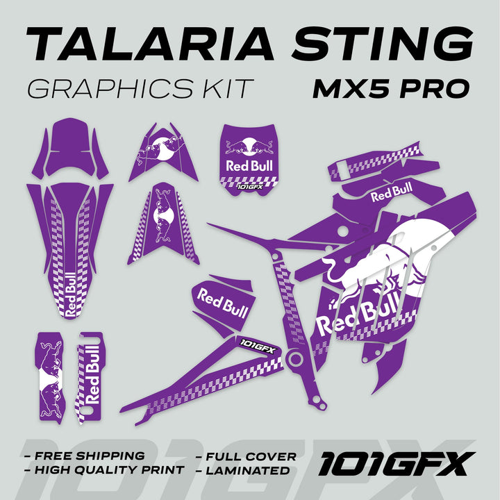 Talaria Sting MX5 PRO Graphics Kit RBULL MONO Purple White Decals; full-coverage, high-quality vinyl with Red Bull-inspired design, checkerboard accents, and easy installation features.