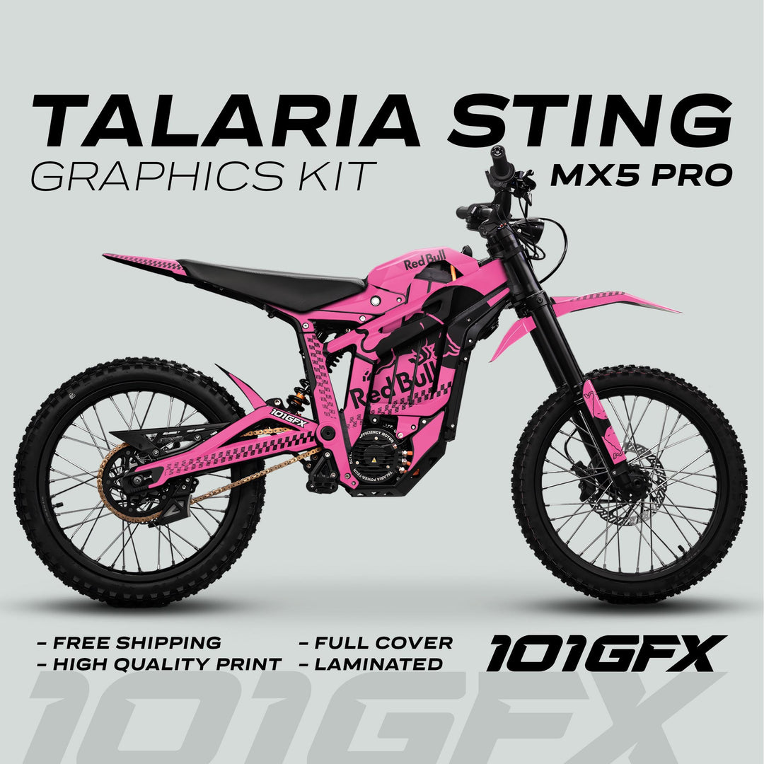Talaria Sting MX5 PRO Graphics Kit RBULL MONO Pink Black Decals on electric dirt bike, highlighting full coverage, high quality, laminated, with free shipping.