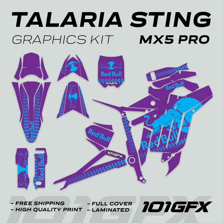 Talaria Sting MX5 PRO Graphics Kit RBULL MONO Purple Cyan Decals laid out, showcasing fenders, side panels, and fork guards with branding and key features.