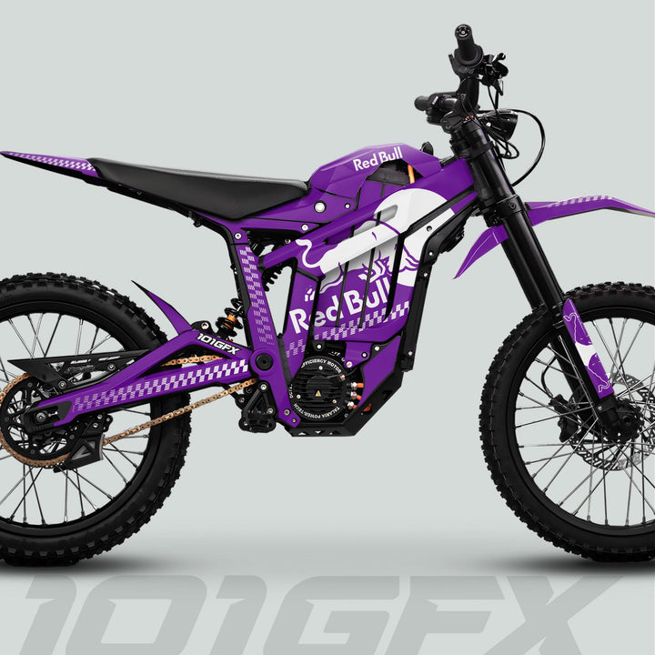 Talaria Sting MX5 PRO Graphics Kit RBULL MONO Purple White Decals on electric dirt bike with Red Bull livery, lightweight frame, suspension, and digital display.