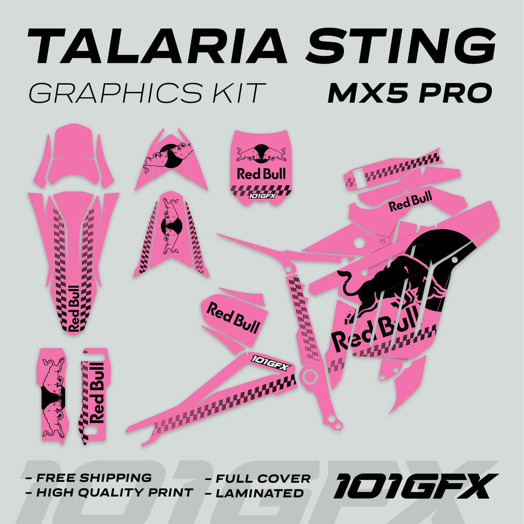 Talaria Sting MX5 PRO Graphics Kit RBULL MONO Pink Black Decals with Red Bull logos, checker-flag accents, and 101GFX branding, promoting style and quality.