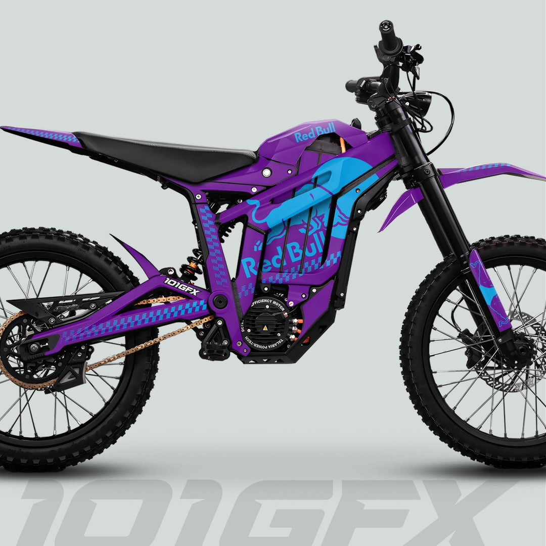 Talaria Sting MX5 PRO Graphics Kit RBULL MONO decals on an e-motocross bike, showcasing a sleek design with Red Bull branding and durable, vibrant coverage.
