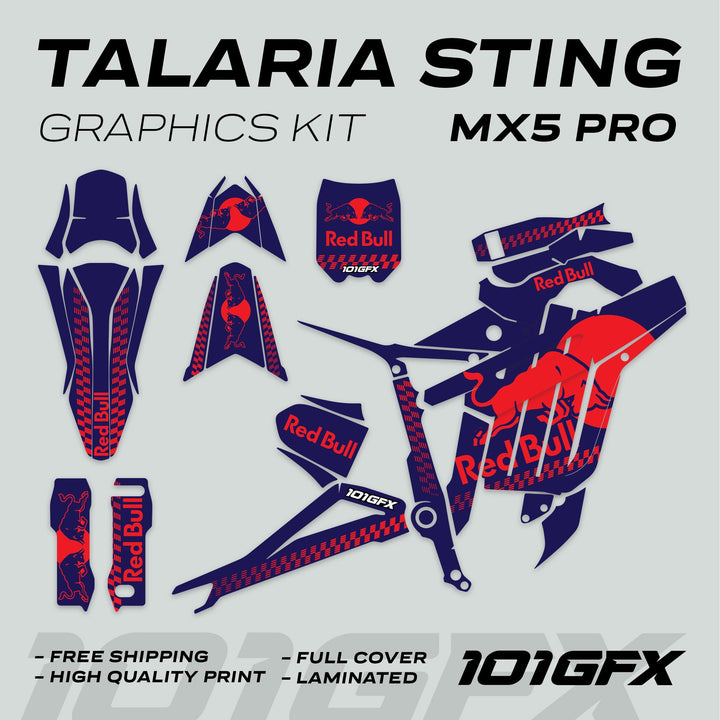 Talaria Sting MX5 PRO Graphics Kit RBULL MONO Navy Red Decals shown in individual pieces with branding highlights and 101GFX logo.