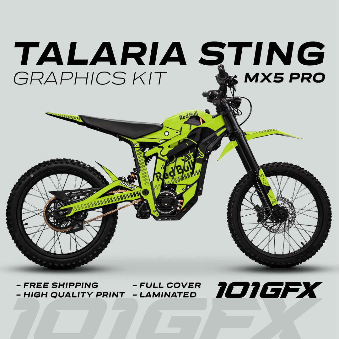 Talaria Sting MX5 PRO Graphics Kit RBULL MONO Green Black Decals on electric dirt bike, showcasing full coverage design with Red Bull branding and high-quality print.
