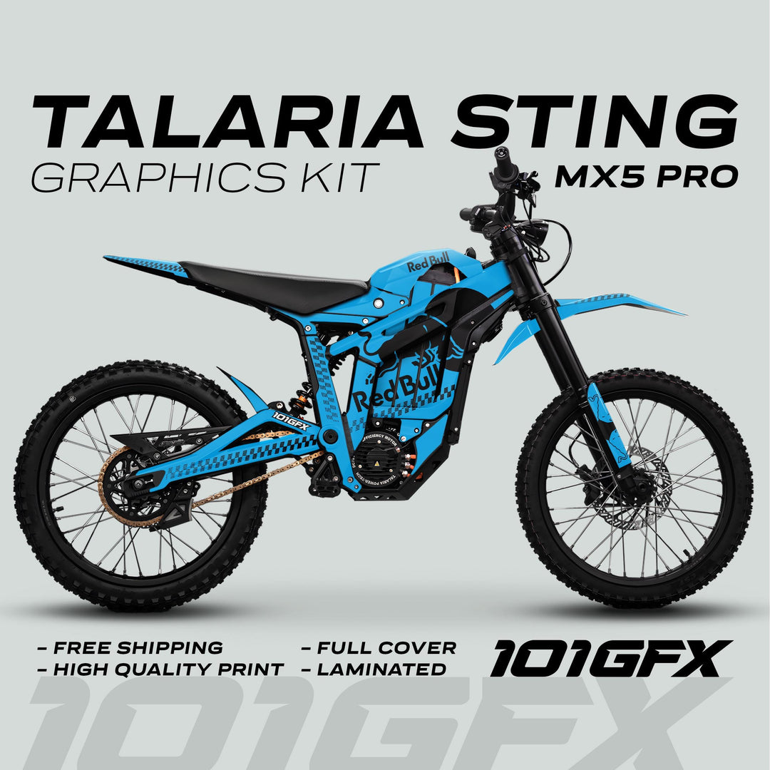 Talaria Sting MX5 PRO Graphics Kit RBULL MONO Cyan Black Decals displayed on an electric dirt-bike, featuring high-quality, laminated, full-cover design with free shipping.