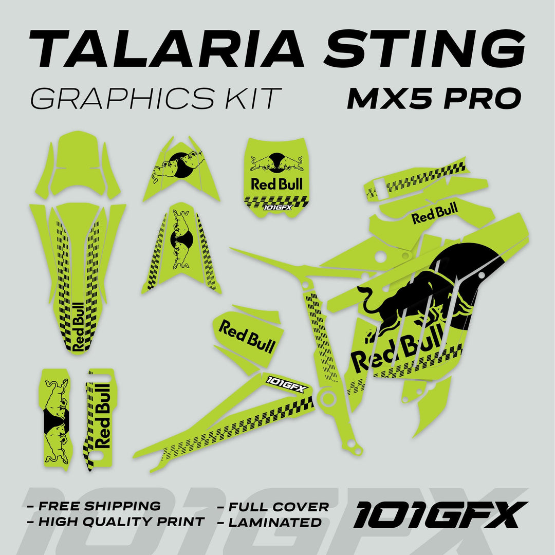 Talaria Sting MX5 PRO Graphics Kit with Red Bull branding, featuring lime-green/black decals for various bike components, including fenders and panels.