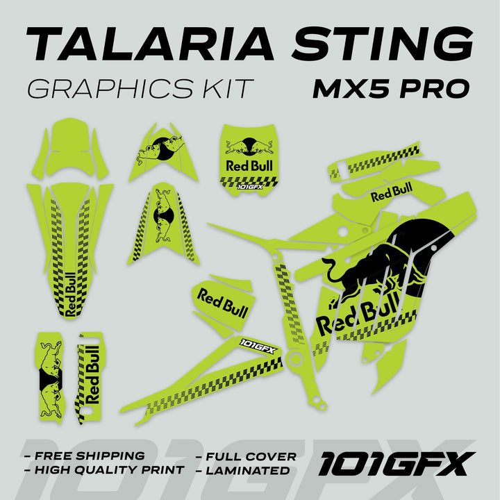 Talaria Sting MX5 PRO Graphics Kit with Red Bull branding, featuring lime-green/black decals for various bike components, including fenders and panels.