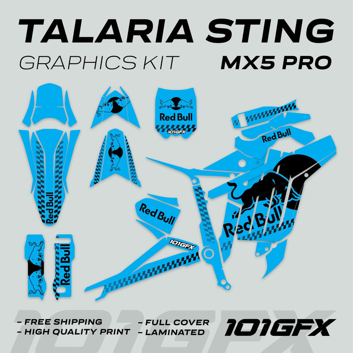 Talaria Sting MX5 PRO Graphics Kit RBULL MONO Cyan Black Decals with bright-blue vinyl, Red Bull logos, checker-stripes, and branding for full coverage and high-quality print.