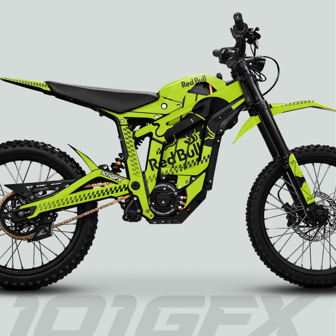 Talaria Sting MX5 PRO Graphics Kit RBULL MONO on a neon-green Red Bull electric dirt bike, showcasing motocross-style design, Red Bull branding, and durable decals.