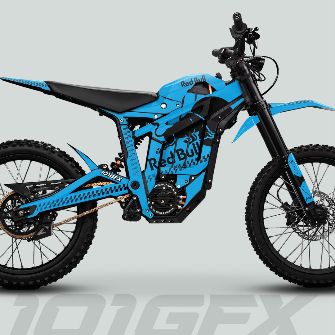 Talaria Sting MX5 PRO Graphics Kit RBULL MONO Cyan Black Decals on electric dirt bike with Red Bull livery, showcasing full suspension and electric motor.