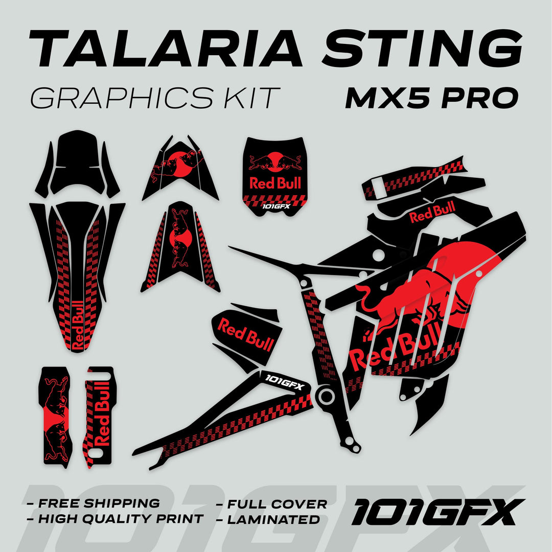 Talaria Sting MX5 PRO Graphics Kit RBULL MONO Black Red Decals featuring full coverage, durable Red Bull-themed designs with free shipping and high-quality print.