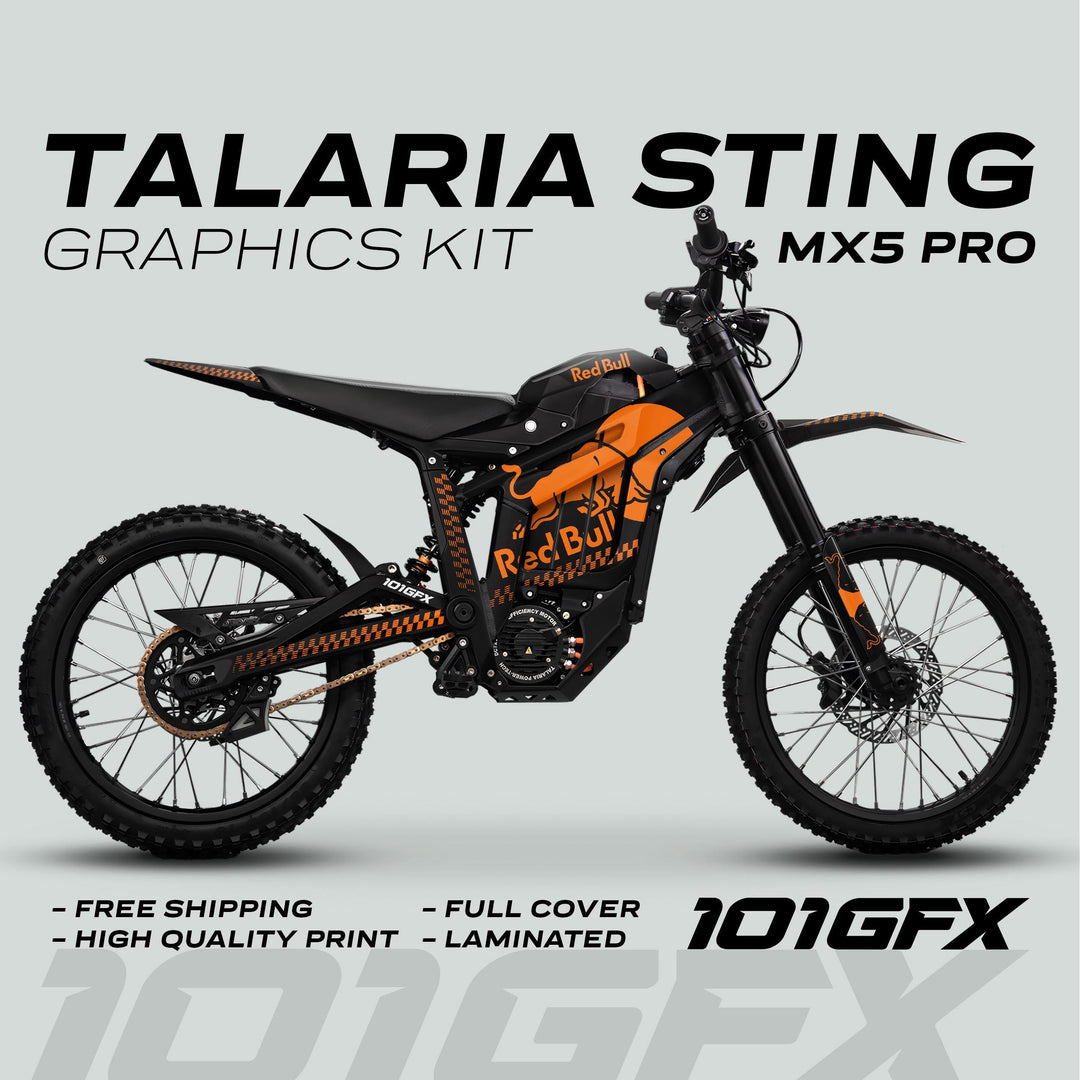 Talaria Sting MX5 PRO Graphics Kit RBULL MONO Black Orange Decals on a mock-up ad, showcasing full coverage on an electric dirt bike.