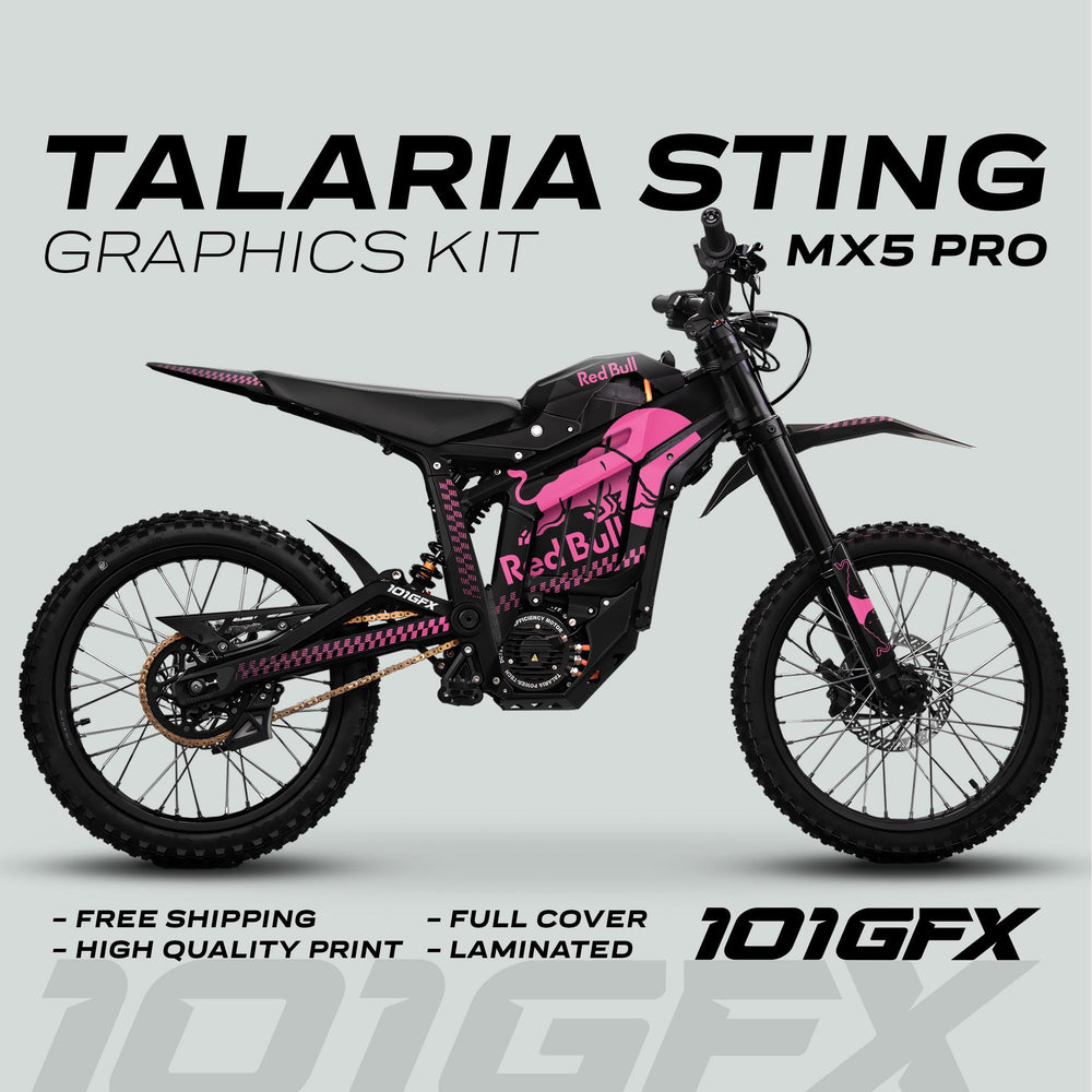 Talaria Sting MX5 PRO Graphics Kit RBULL MONO, featuring dynamic pink-and-black Red Bull-style decals, highlights durability, full coverage, and easy application.