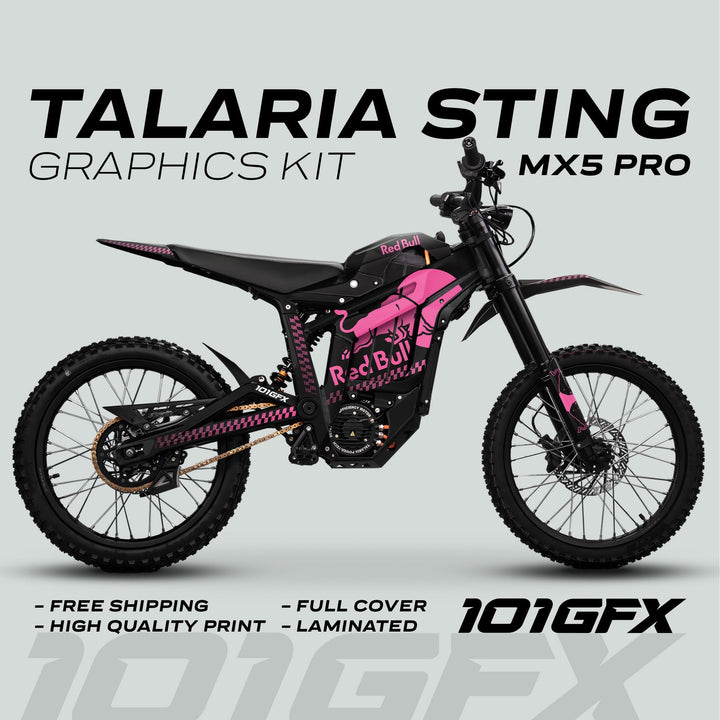 Talaria Sting MX5 PRO Graphics Kit RBULL MONO, featuring dynamic pink-and-black Red Bull-style decals, highlights durability, full coverage, and easy application.