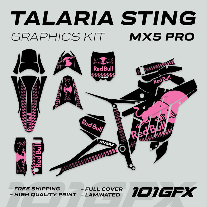 Talaria Sting MX5 PRO Graphics Kit RBULL MONO Black Pink Decals, featuring full-cover, laminated stickers with high-quality print, offering style and durability. Free shipping included.