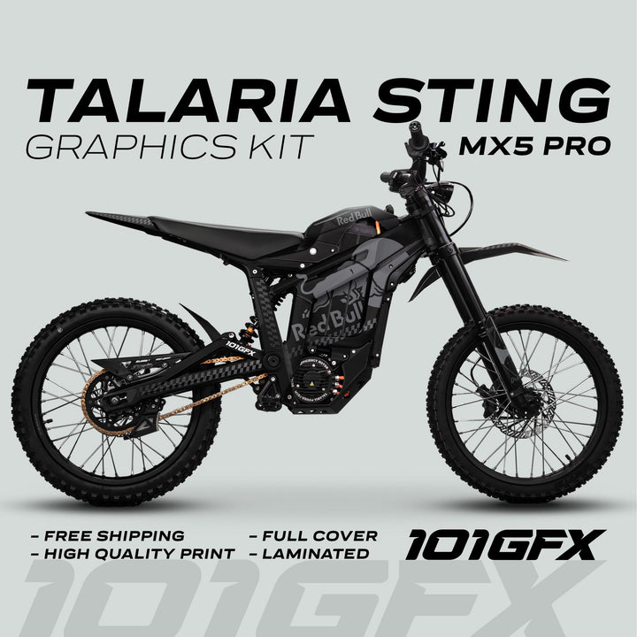 Talaria Sting MX5 PRO Graphics Kit with Red Bull-inspired wrap on a black bike, showcasing full coverage, high-quality print, and easy application. 101GFX logo visible.
