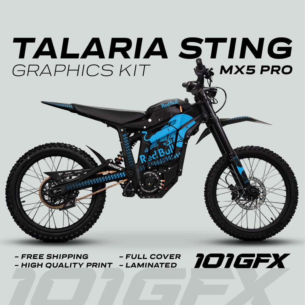 Talaria Sting MX5 PRO Graphics Kit RBULL MONO Black Cyan Decals on an off-road bike, showcasing full-coverage, laminated graphics with free shipping and high-quality print.