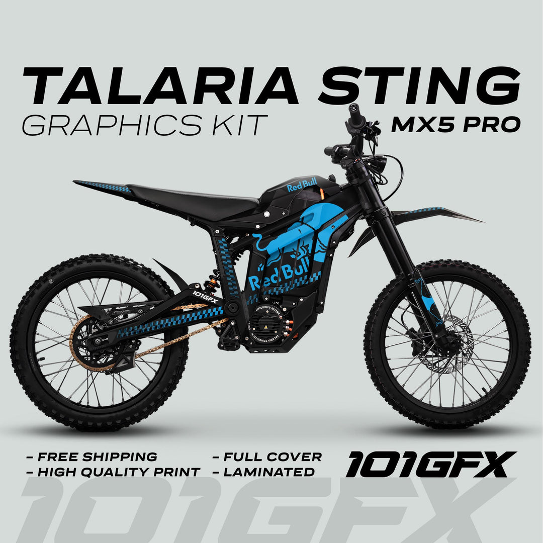 Talaria Sting MX5 PRO Graphics Kit RBULL MONO Black Cyan Decals on an off-road bike, showcasing full-coverage, laminated graphics with free shipping and high-quality print.