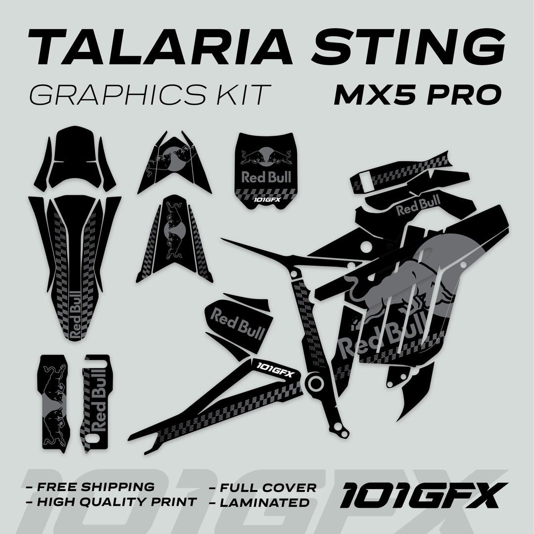 Talaria Sting MX5 PRO Graphics Kit RBULL MONO with Red Bull branding, featuring full coverage decals for fenders, frame, and swingarm, plus laminated, high-quality print.