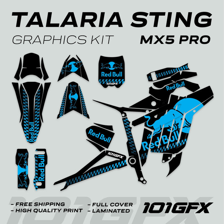 Talaria Sting MX5 PRO Graphics Kit RBULL MONO features black and cyan decals for a stylish, full coverage upgrade with durable, high-quality vinyl pieces.