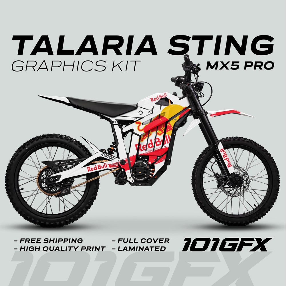 Talaria Sting MX5 PRO Graphics Kit with RBULL RACE decals shown in promotional mock-up featuring full coverage, high-quality print, and 101GFX branding.