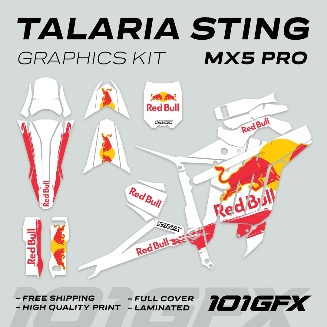 Talaria Sting MX5 PRO Graphics Kit RBULL RACE WhiteDecals, showcasing complete decal coverage, including front plate and side panels, emphasizing high-quality print and easy installation benefits.