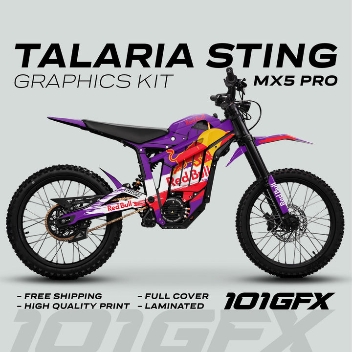 Talaria Sting MX5 PRO Graphics Kit RBULL RACE Purple Decals, featuring full coverage, high-quality print, laminated finish, free shipping, and 101GFX branding.