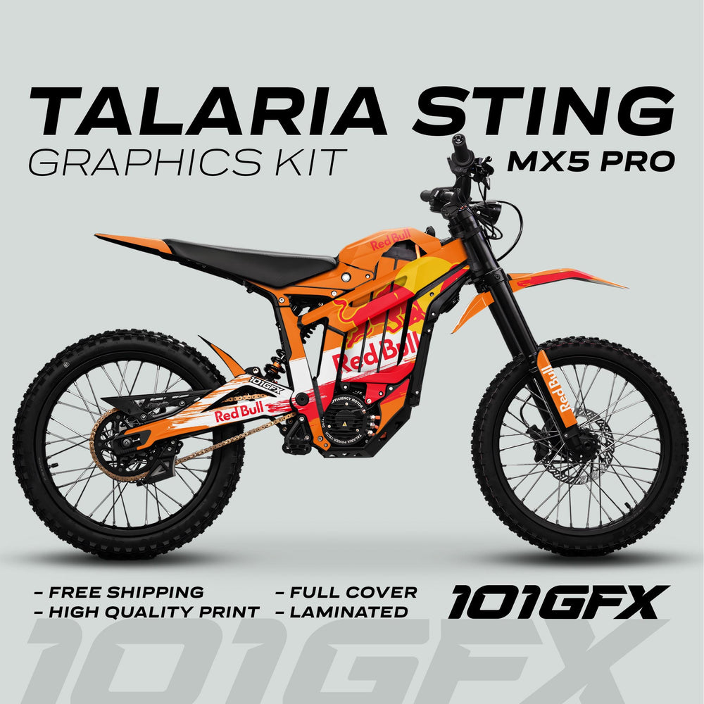 Talaria Sting MX5 PRO Graphics Kit showcasing Red Bull-inspired decals; features include full coverage, laminated finish, and high-quality print by 101GFX, with free shipping.