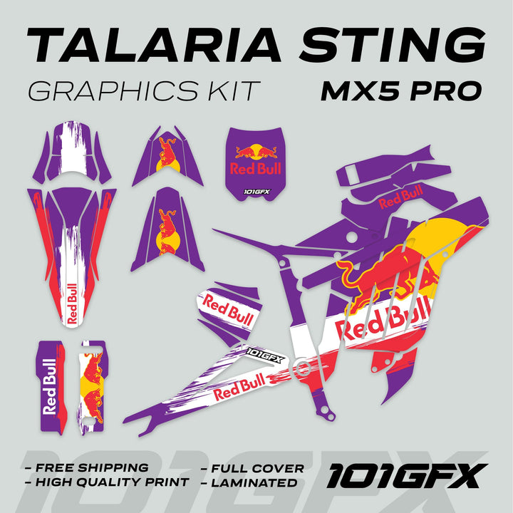 Talaria Sting MX5 PRO Graphics Kit RBULL RACE Purple Decals, showcasing full coverage, high-quality, laminated decals for dirt bike customization, with free shipping.