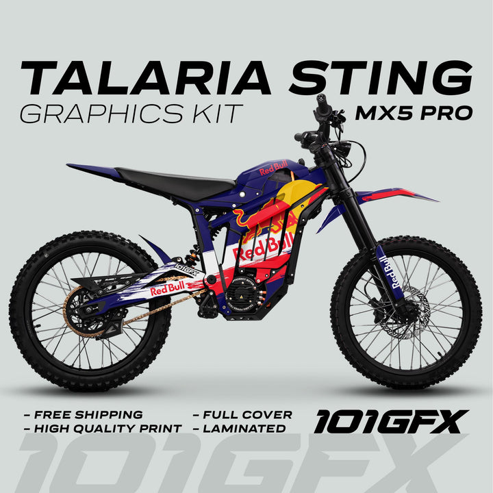 Talaria Sting MX5 PRO Graphics Kit RBULL RACE Navy Decals, featuring a vibrant Red Bull-themed wrap, full coverage, and high-quality, durable design for easy application.