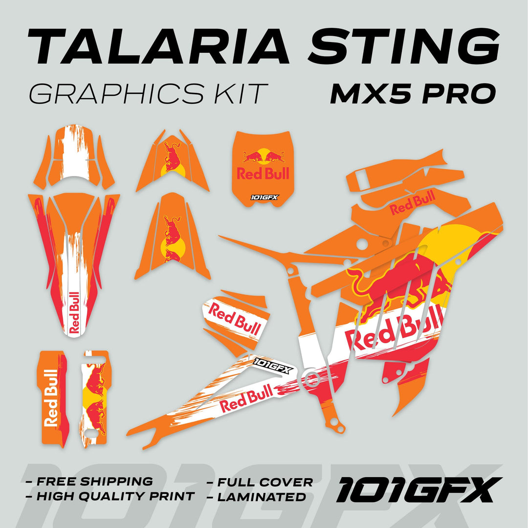 Talaria Sting MX5 PRO Graphics Kit RBULL RACE Orange Decals featuring full-body vinyl panels with Red Bull livery, promoting high-quality, full coverage and easy application.
