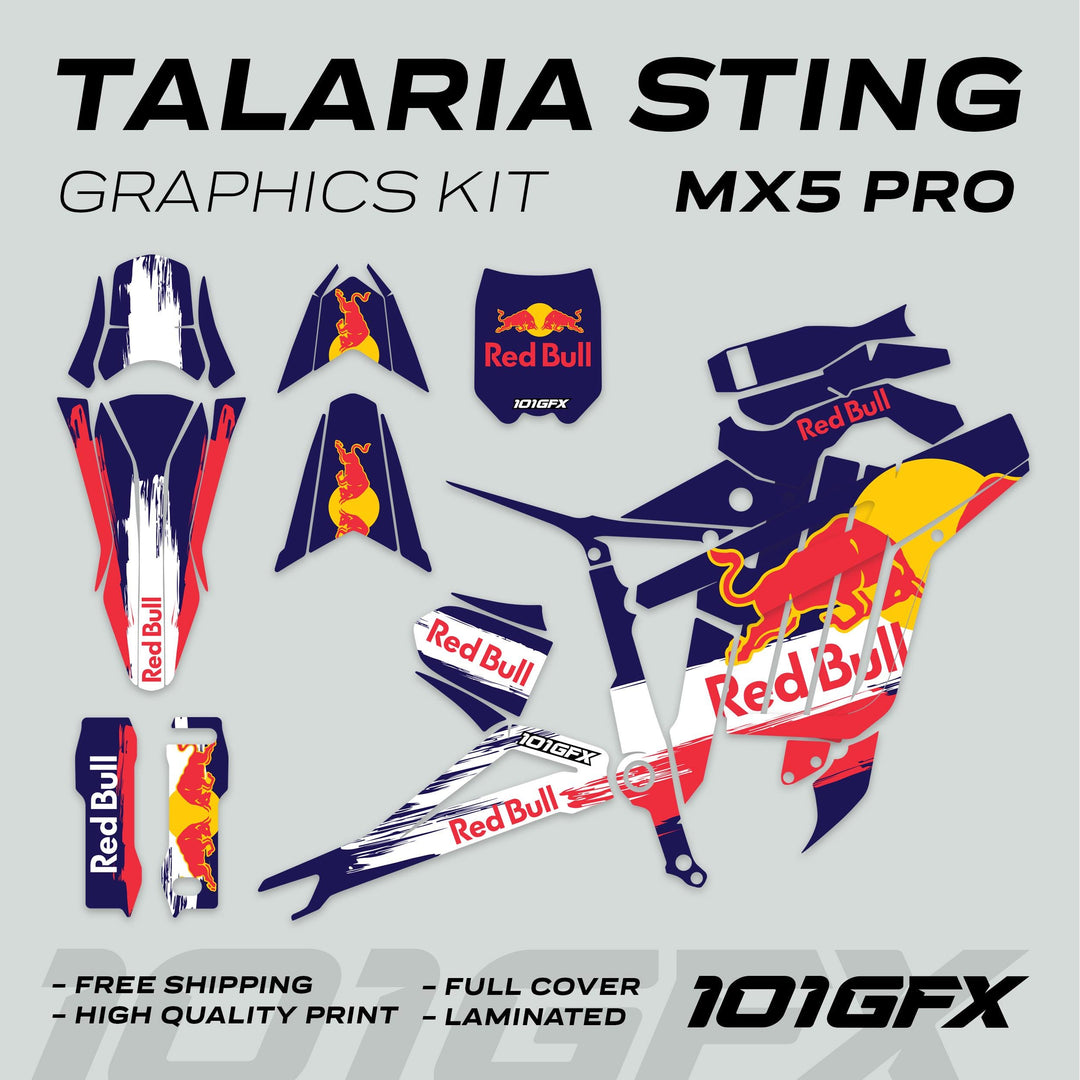 Talaria Sting MX5 PRO Graphics Kit RBULL RACE Navy Decals with Red Bull branding, featuring full coverage for fenders, panels, swingarm, and frame.