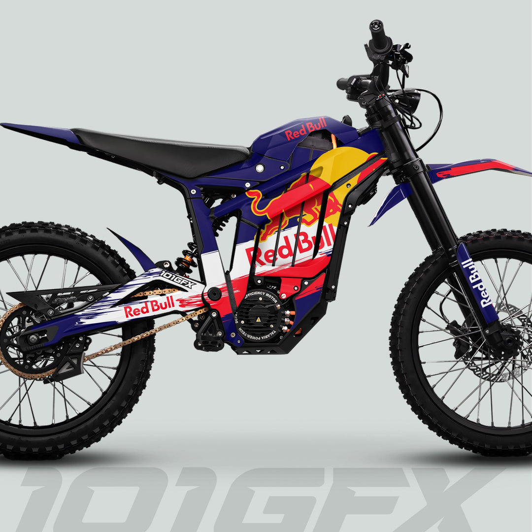 Side-profile of Talaria Sting MX5 PRO Graphics Kit RBULL RACE Navy Decals on an electric dirt bike, showcasing Red Bull livery and branding.
