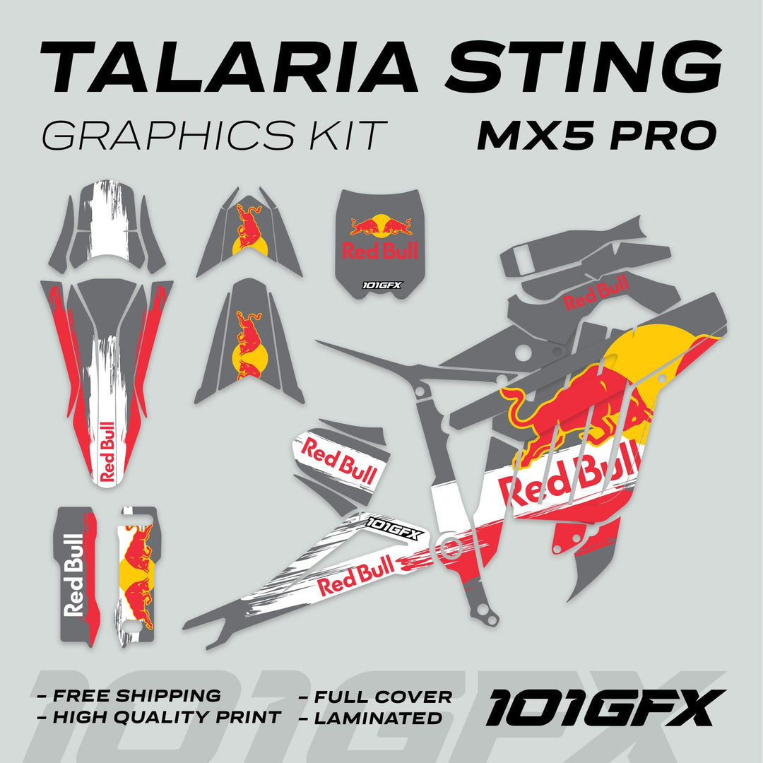 Talaria Sting MX5 PRO Graphics Kit RBULL RACE Grey Decals: Pre-cut Red Bull-themed vinyl pieces, including fork guards, fender, and side panels, arranged on a sheet.