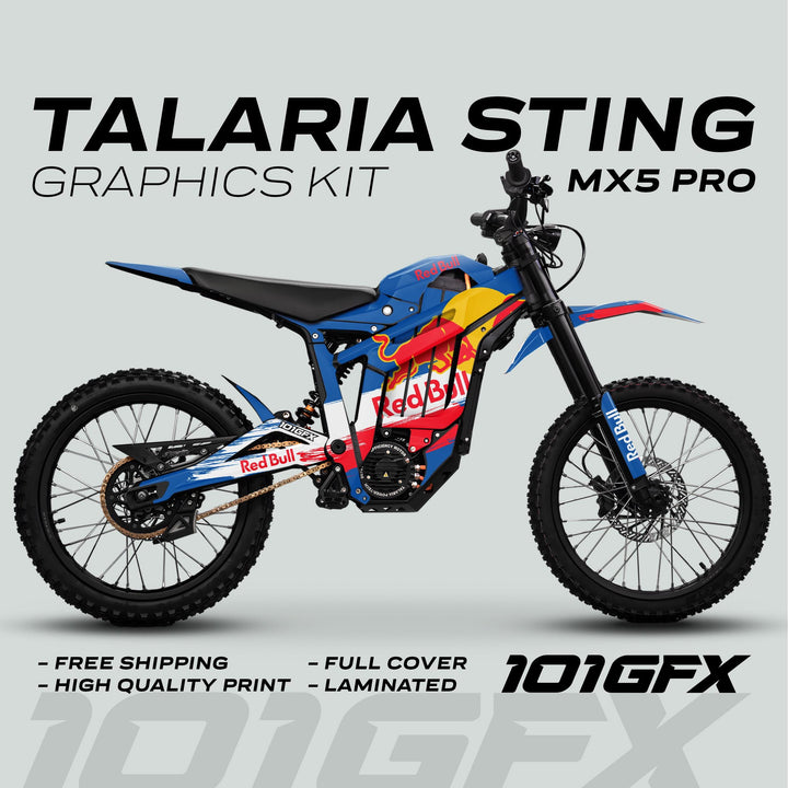 Talaria Sting MX5 PRO Graphics Kit RBULL RACE Blue Decals on electric bike, showcasing custom vibrant Red Bull–style livery with selling points: free shipping, high quality, full cover, laminated.