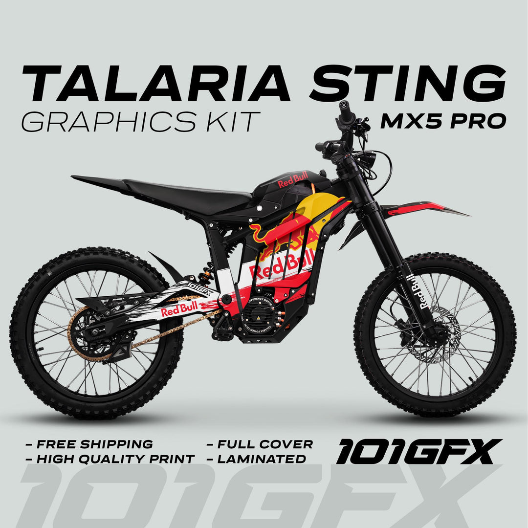 Talaria Sting MX5 PRO Graphics Kit features Red Bull-themed decals, offering full coverage, durability, and easy application for a stylish ride transformation.