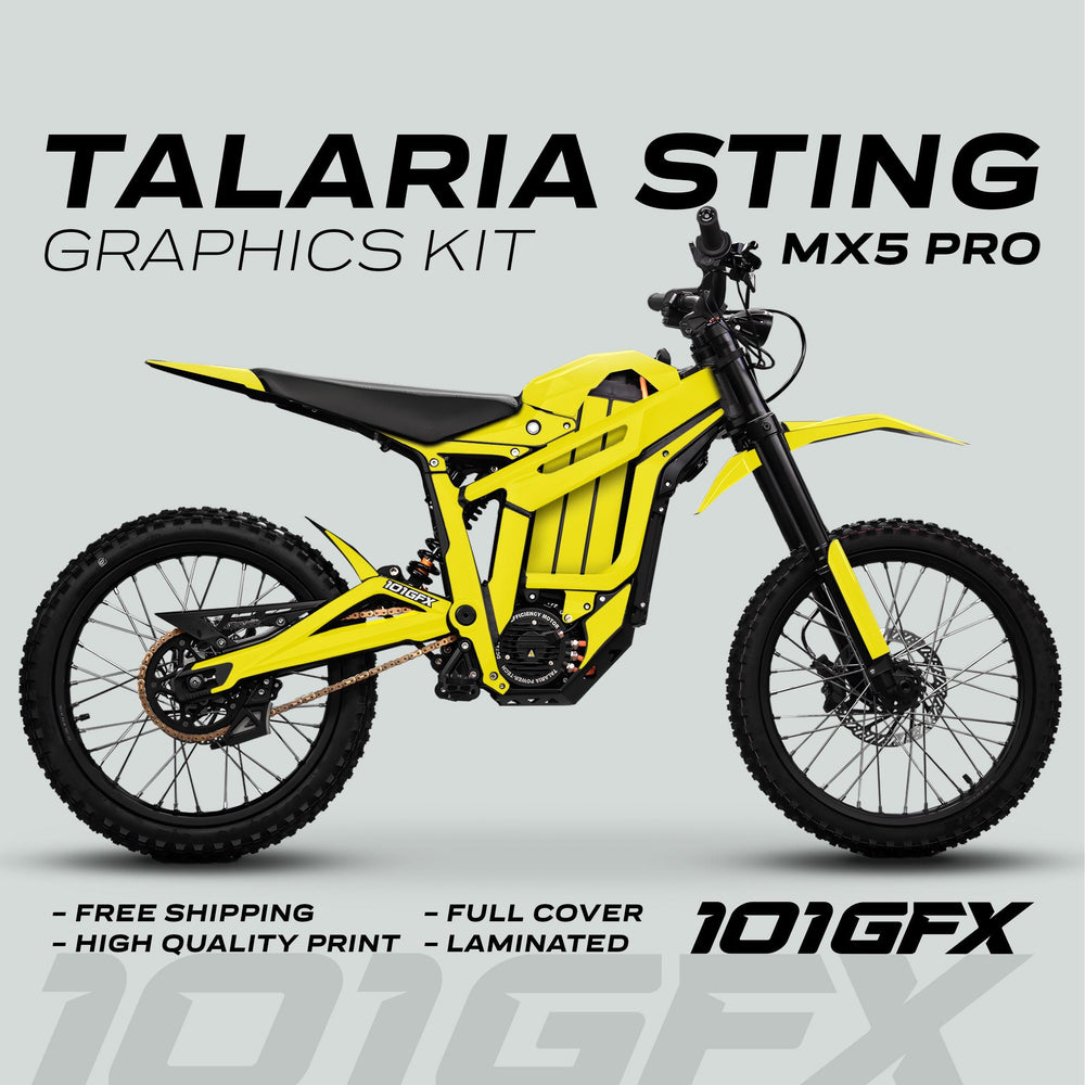 Side profile of a yellow-wrapped electric trail bike featuring the Talaria Sting MX5 PRO Graphics Kit, highlighting free shipping and high-quality, full-cover, laminated print.