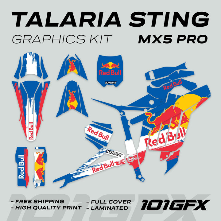 Talaria Sting MX5 PRO Graphics Kit RBULL RACE Blue Decals, featuring Red Bull logos and 101GFX branding, with full coverage and promotional call-outs.