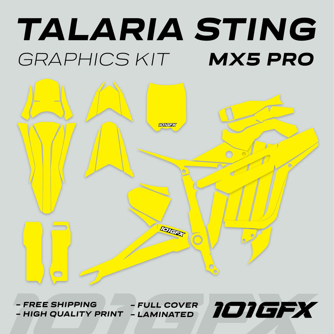 Talaria Sting MX5 PRO Graphics Kit SOLID COLOR Yellow Decals: full set of cut-to-shape vinyl decals, including fender and side panels, highlighting high-quality print and durability.