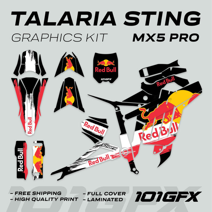 Talaria Sting MX5 PRO Graphics Kit RBULL RACE Black Decals shown as a full set with Red Bull branding, highlighting durability, full coverage, and easy application.