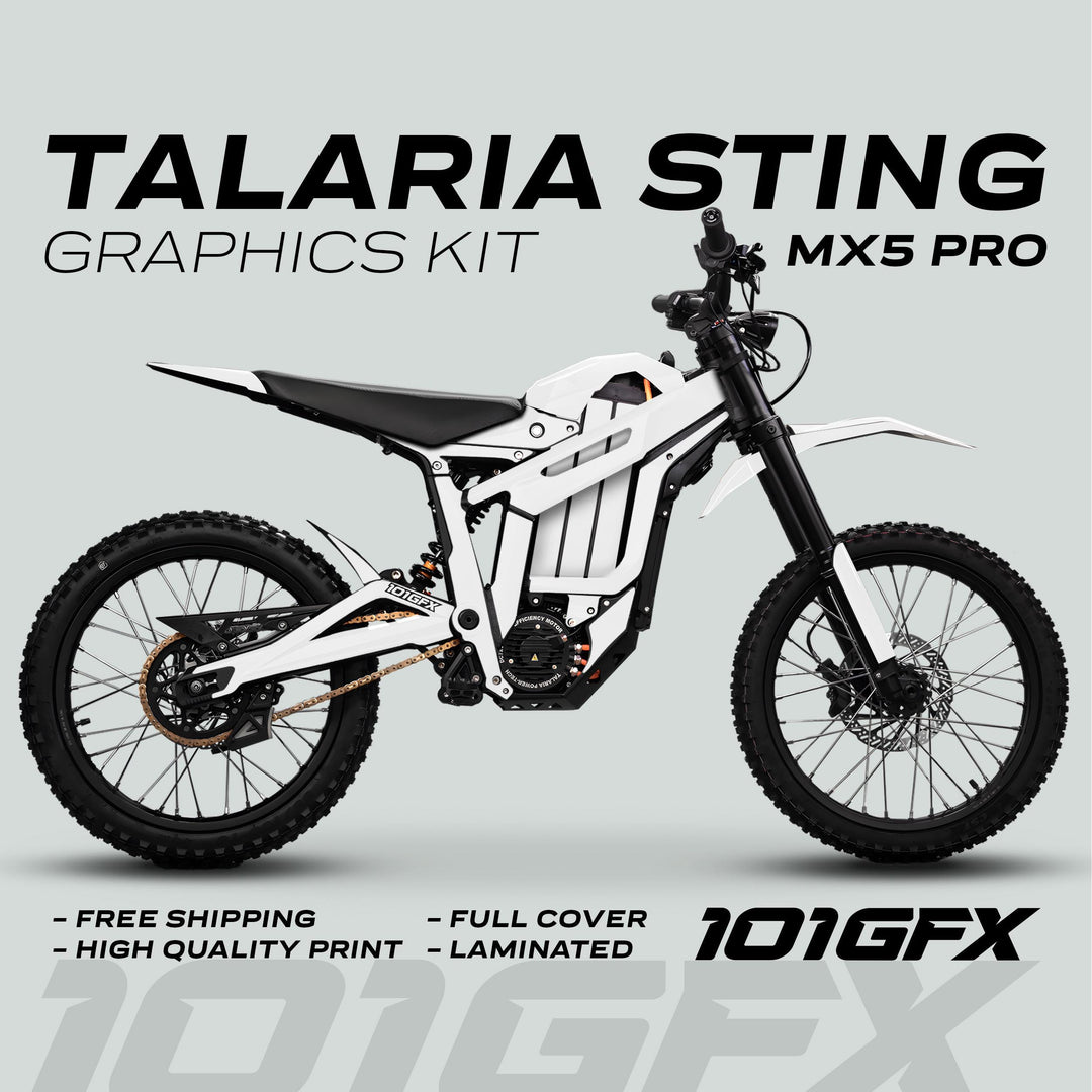 Talaria Sting MX5 PRO Graphics Kit SOLID COLOR White Decals shown on an electric dirt-bike, highlighting full coverage, durability, easy application, and free shipping.