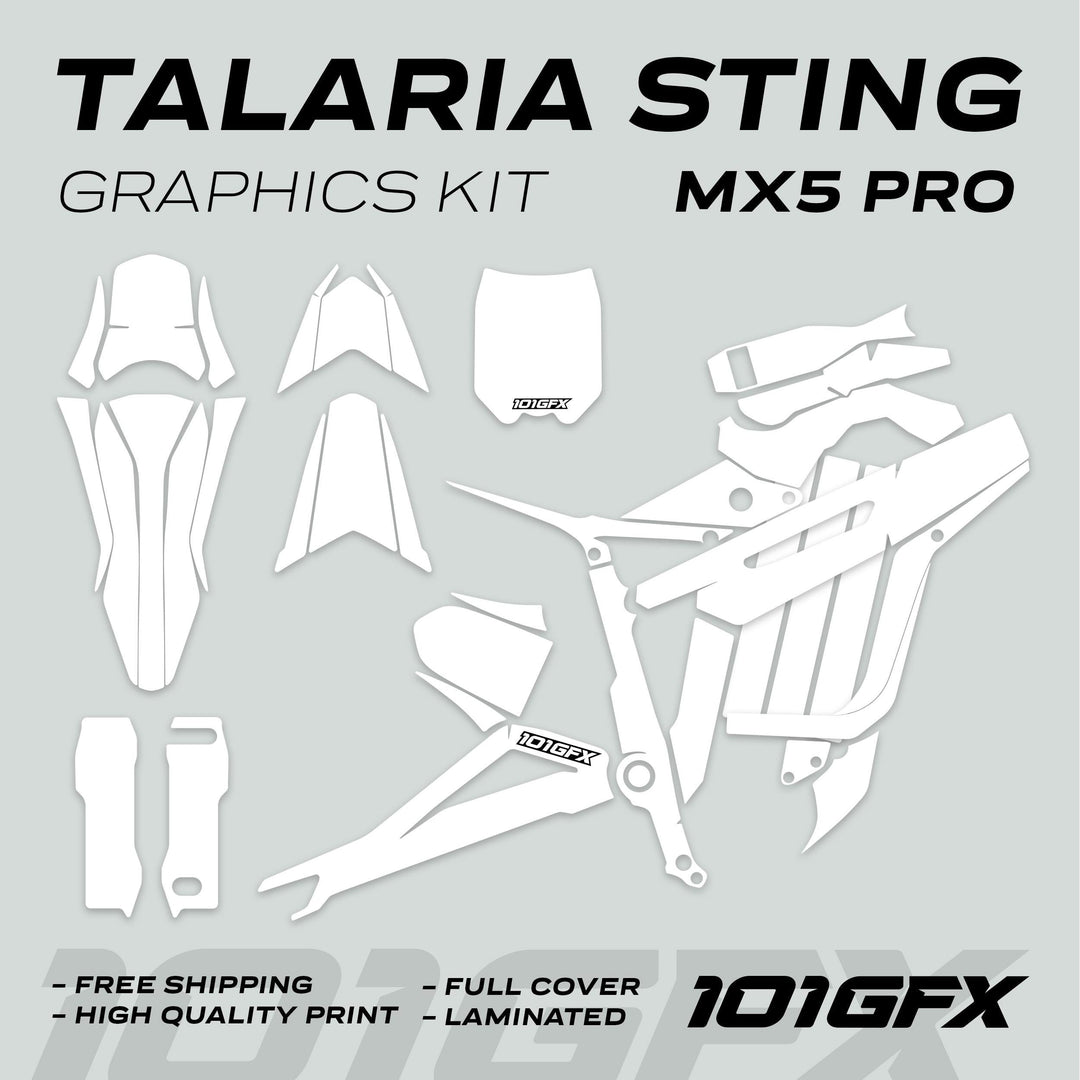 Talaria Sting MX5 PRO Graphics Kit SOLID COLOR White Decals, featuring full-coverage panels with branding and key benefits like high-quality print and easy application.