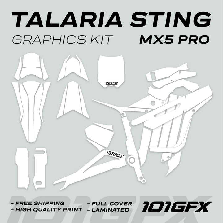 Talaria Sting MX5 PRO Graphics Kit SOLID COLOR White Decals, featuring full-coverage panels with branding and key benefits like high-quality print and easy application.