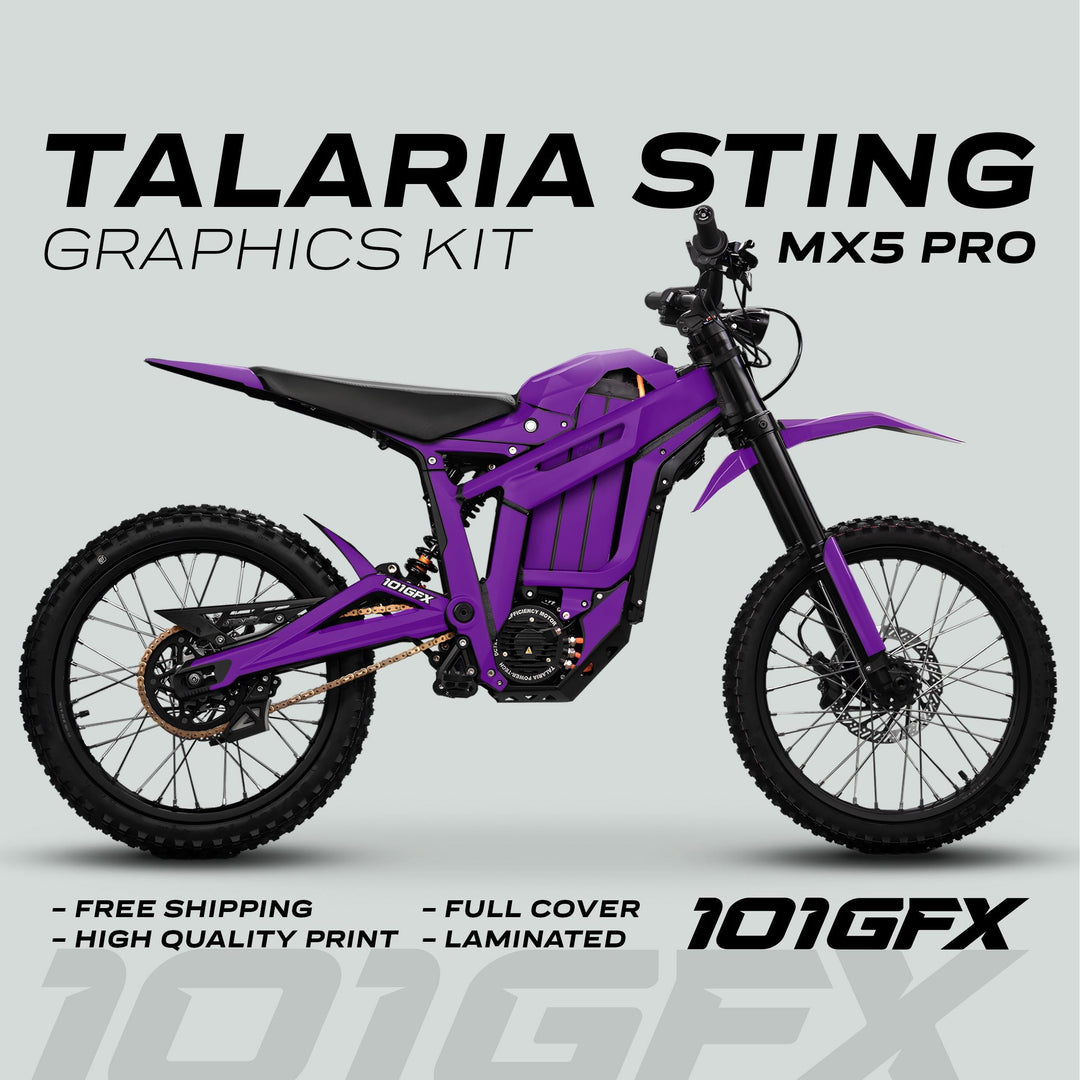 Talaria Sting MX5 PRO Graphics Kit SOLID COLOR Purple Decals on an off-road bike, showcasing full coverage, high-quality print, and free shipping benefits.