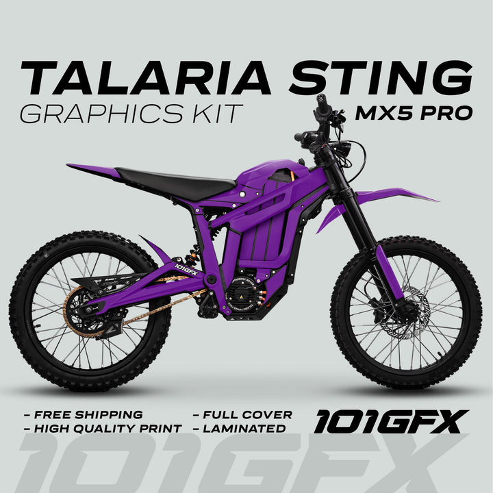 Talaria Sting MX5 PRO Graphics Kit SOLID COLOR Purple Decals on an off-road bike, showcasing full coverage, high-quality print, and free shipping benefits.