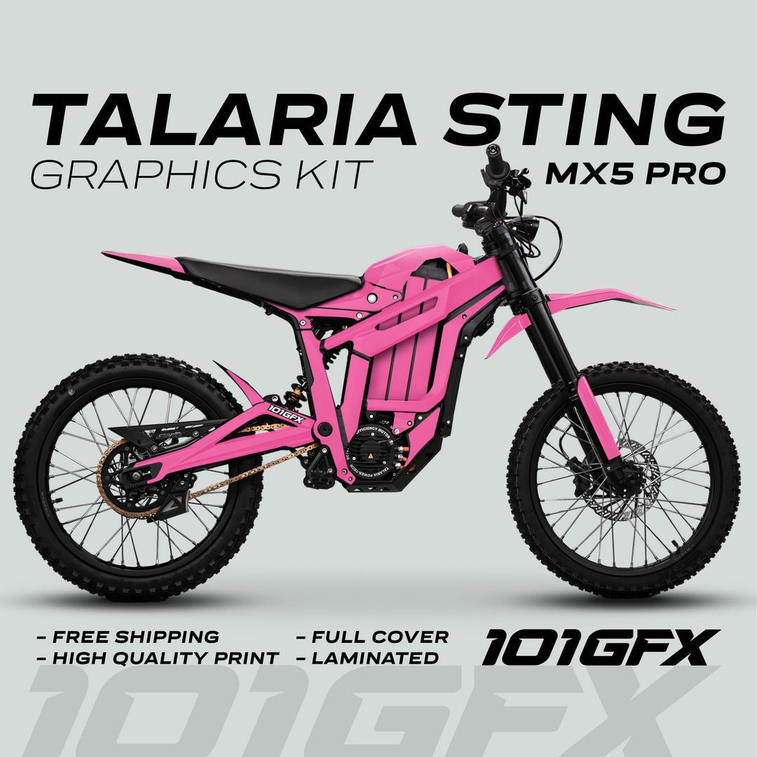 Talaria Sting MX5 PRO Graphics Kit with SOLID COLOR Pink Decals on electric off-road motorcycle, showcasing full coverage design and high-quality print features.
