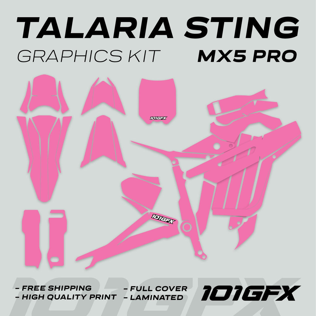 Talaria Sting MX5 PRO Graphics Kit SOLID COLOR Pink Decals, full-cover design, laid out for easy application, featuring high-quality, laminated vinyl panels with free shipping.