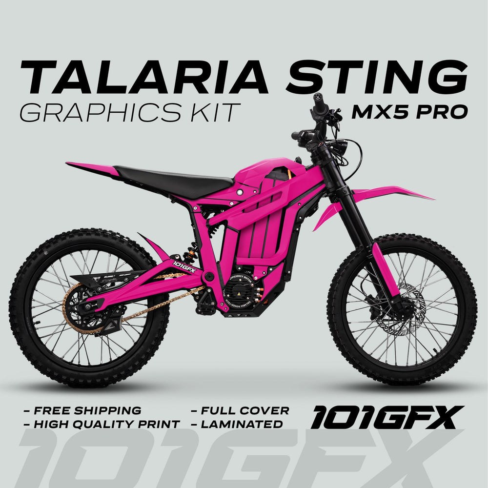 Talaria Sting MX5 PRO Graphics Kit ad features a side-view of the bike with magenta decals, highlighting free shipping and quality benefits.